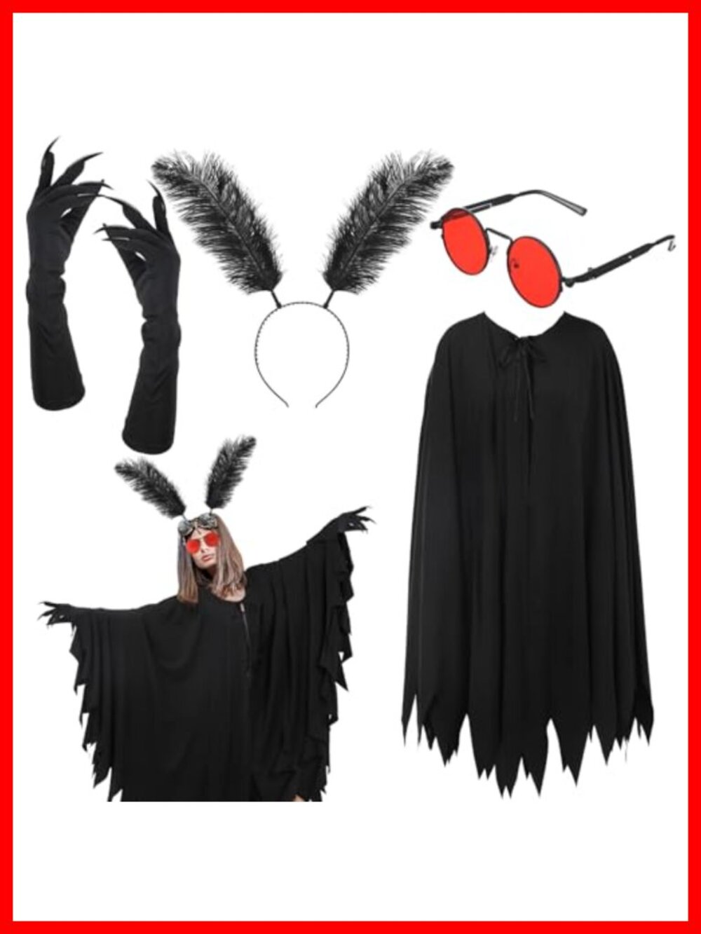 Mothman Costume Set Cape Feather Headband Claw Gloves Halloween Cosplay